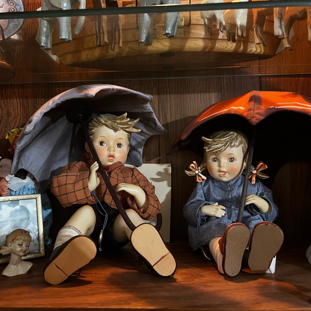 Hummel Ceramic Figurines with Umbrellas - Brown and Blue